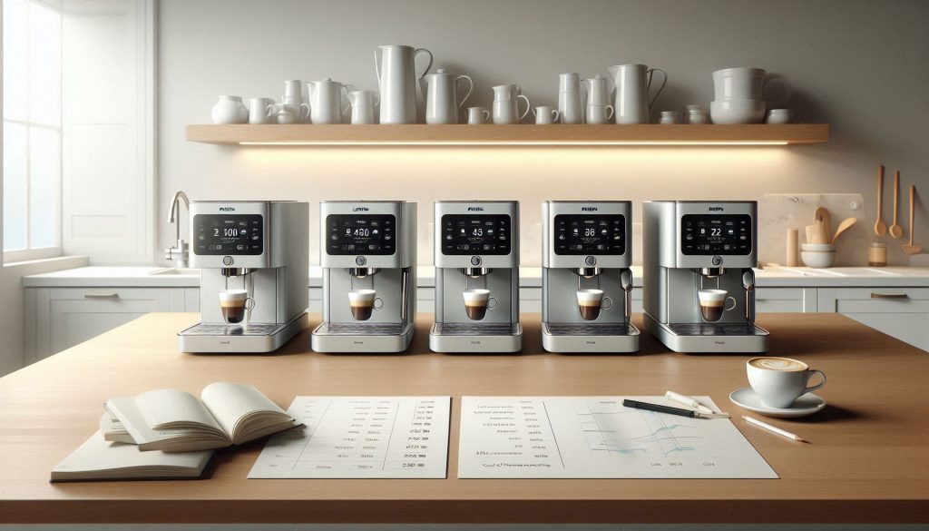 Four white Philips LatteGo machines lined up on a kitchen counter with comparison charts, illustrating data-driven evaluation of 2300, 3300, 4400, and 5500 models.