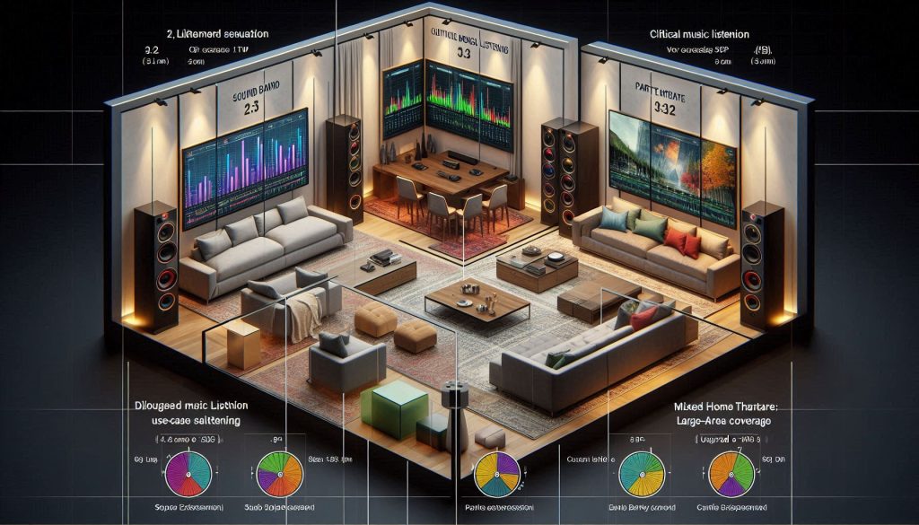 2.1 soundbar in a living room with overlays showing dialogue clarity, stereo imaging, SPL levels, bass extension, seating distances, and acoustic treatment for multiple real-world use-case scenarios.