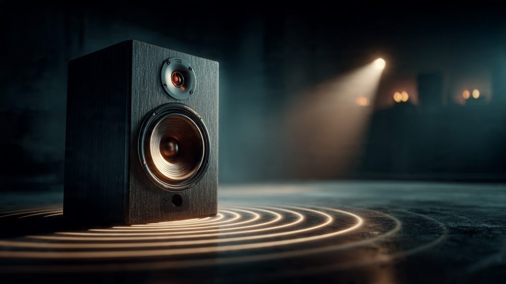 High-end home theater subwoofer delivering tight, controlled bass in a dark cinematic room