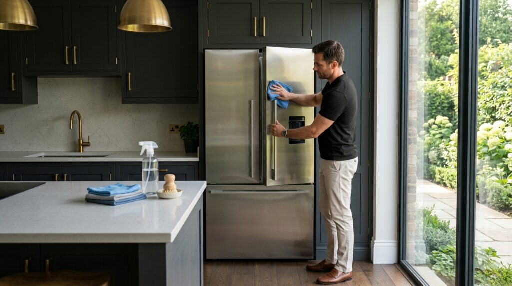 Man carefully cleaning a high-end stainless-steel appliance with a microfiber cloth.