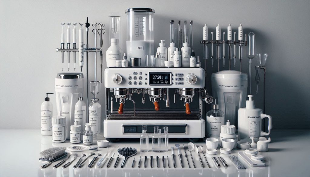 Hyper-realistic professional coffee-machine cleaning and water-treatment tools entirely in white, including descaling pumps, syringes, brushes, ultrasonic cleaner, water filters, softeners, TDS meter, and test strips on a glossy white workbench.