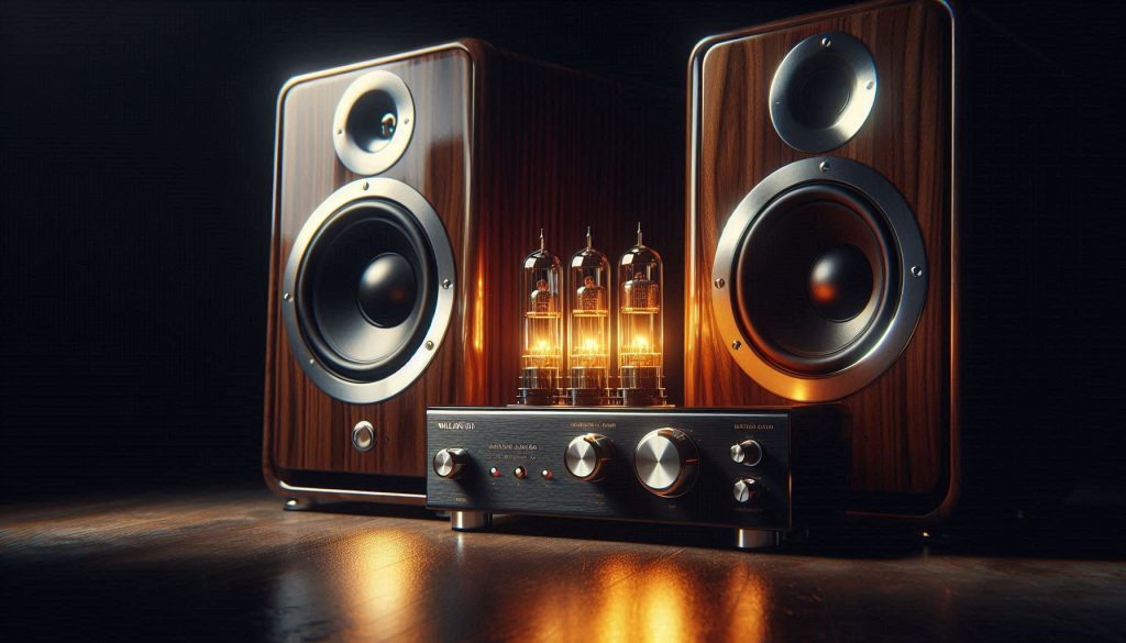 Close-up of high-end floor-standing speakers and a glowing vacuum tube amplifier in a luxury home theater setup