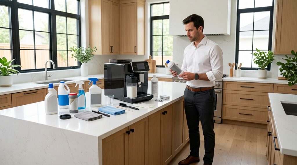 Man comparing coffee machine cleaning products and avoiding harmful chemicals.