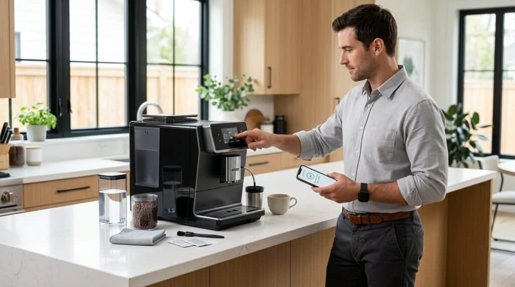 Man resetting the descale light on a luxury automatic coffee machine after cleaning.