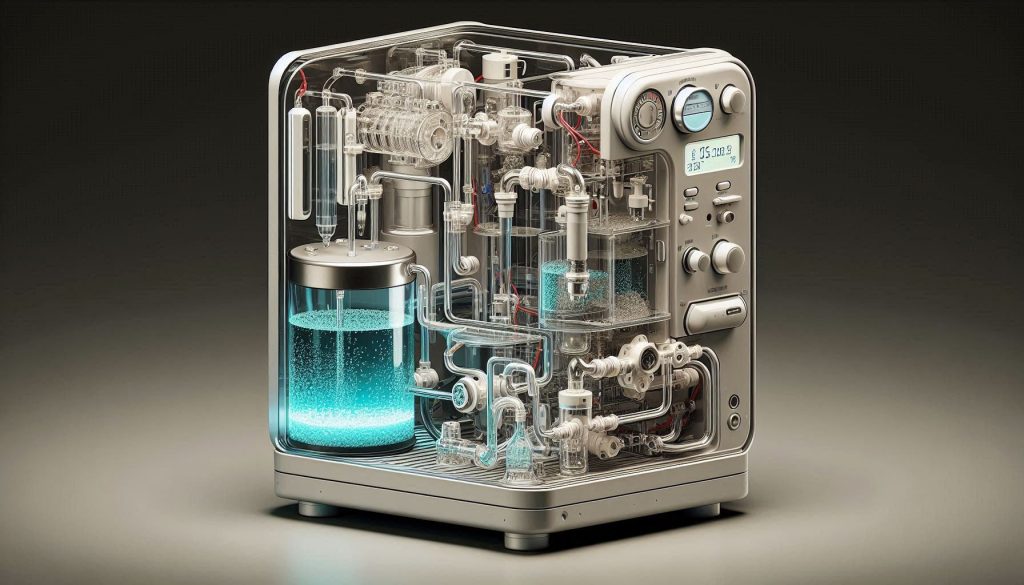 Cutaway illustration of a smart coffee machine showing internal pipes and components with visible limescale buildup and no text labels.