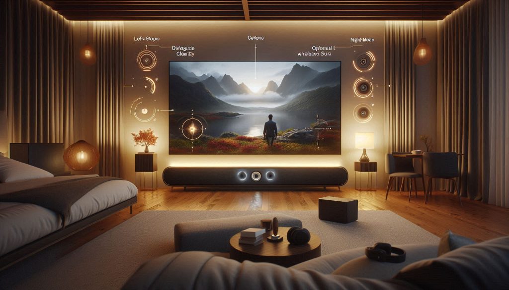 modern bedroom with compact soundbar and optional small subwoofer under wall-mounted 4k tv, visual overlays showing center-channel layout, dialogue clarity, night mode, and dynamic range, hyper-realistic cinematic lighting and cozy minimalist interior