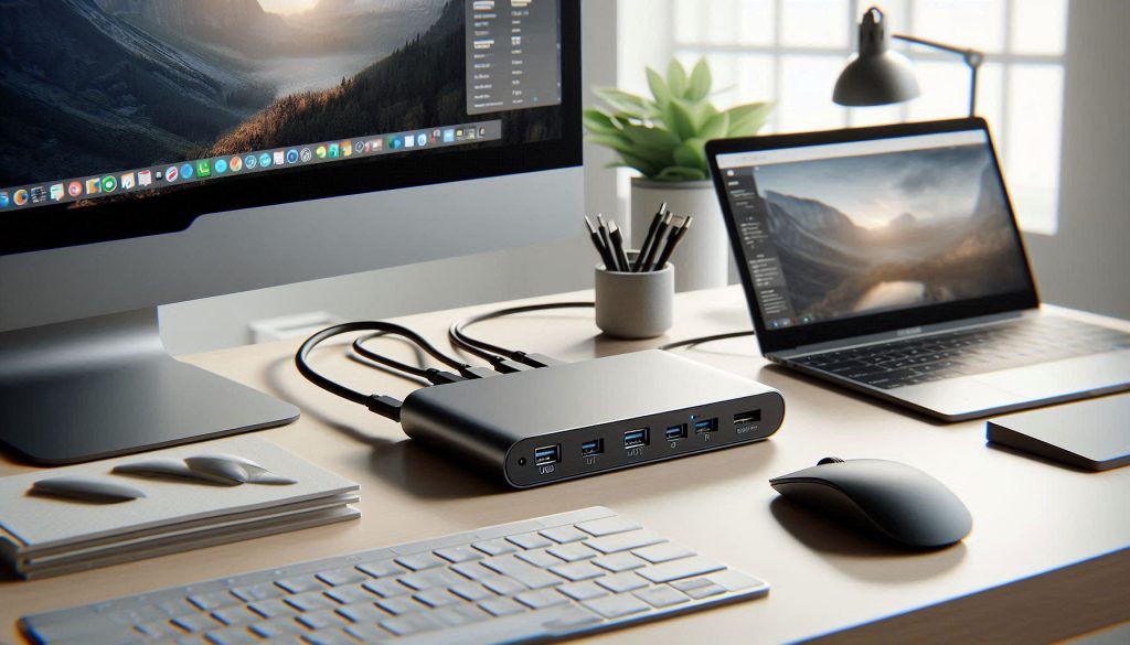 Compact desktop USB-C dock with multiple USB-A ports, dual video outputs, and PD passthrough next to a laptop and monitor.