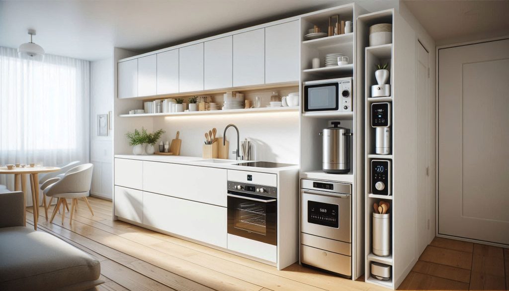 Compact smart cooking appliances replacing bulky kitchen tools in a small white kitchen.
