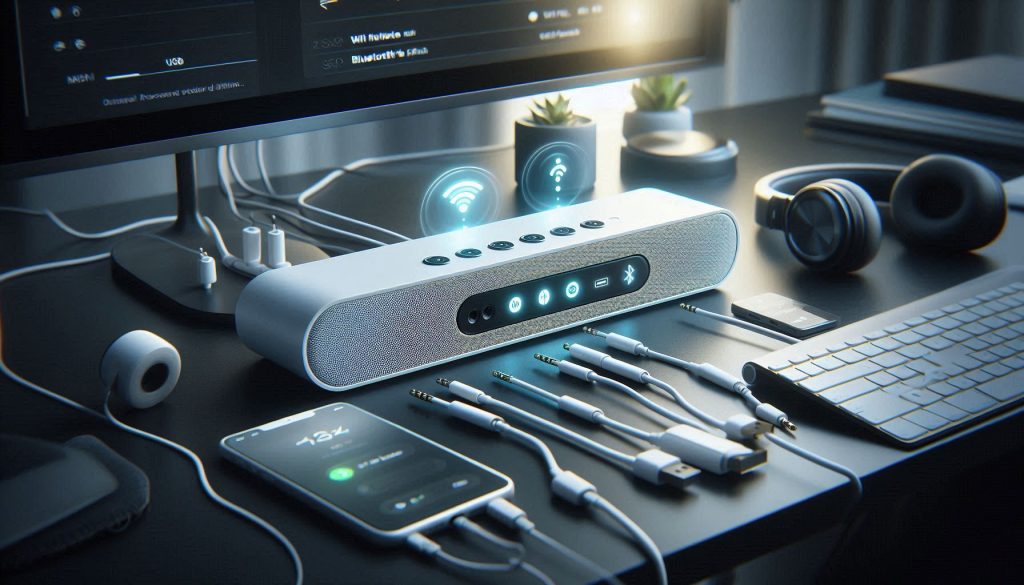 White compact soundbar on a desk connected via USB, 3.5mm, and optical cables, with smartphone showing Bluetooth pairing and Wi‑Fi overlay icons.