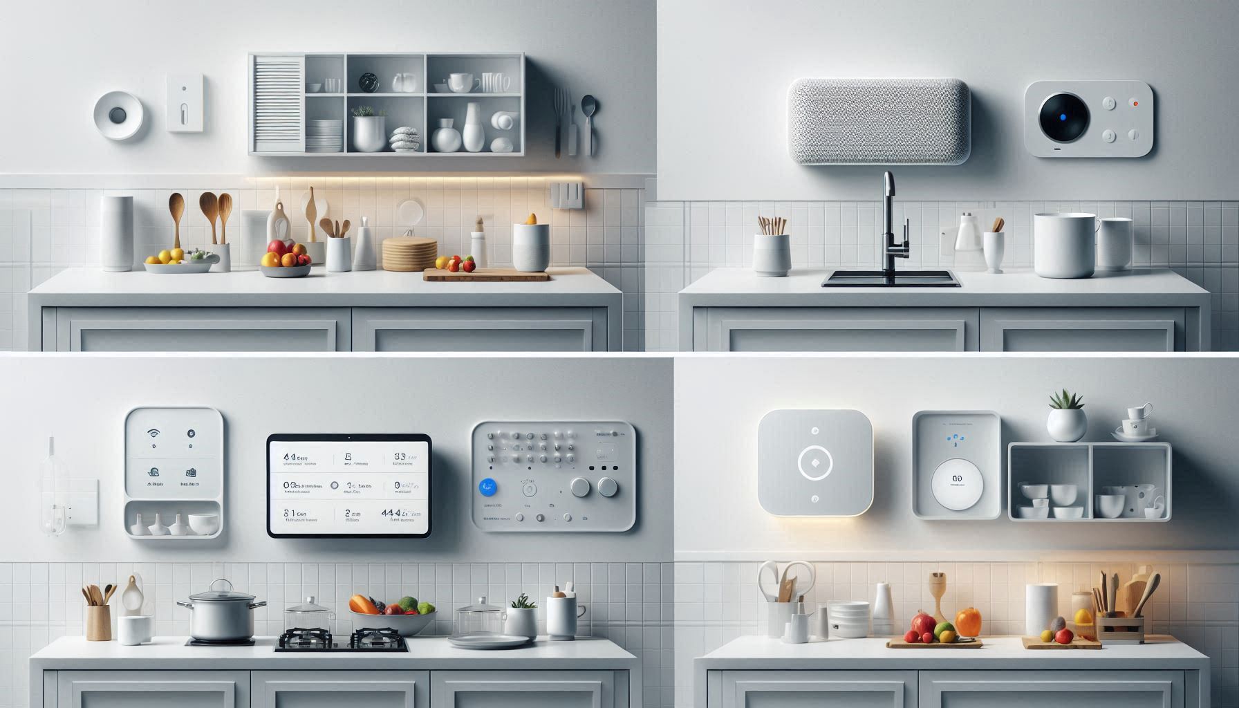 Four smart kitchen connectivity devices including a control hub, smart display, voice assistant, and mobile dashboard in a white modern kitchen layout.