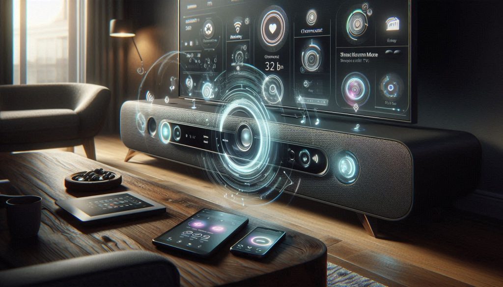 hyper-realistic soundbar setup highlighting hdmi earc, wireless streaming, and smart platform integration.