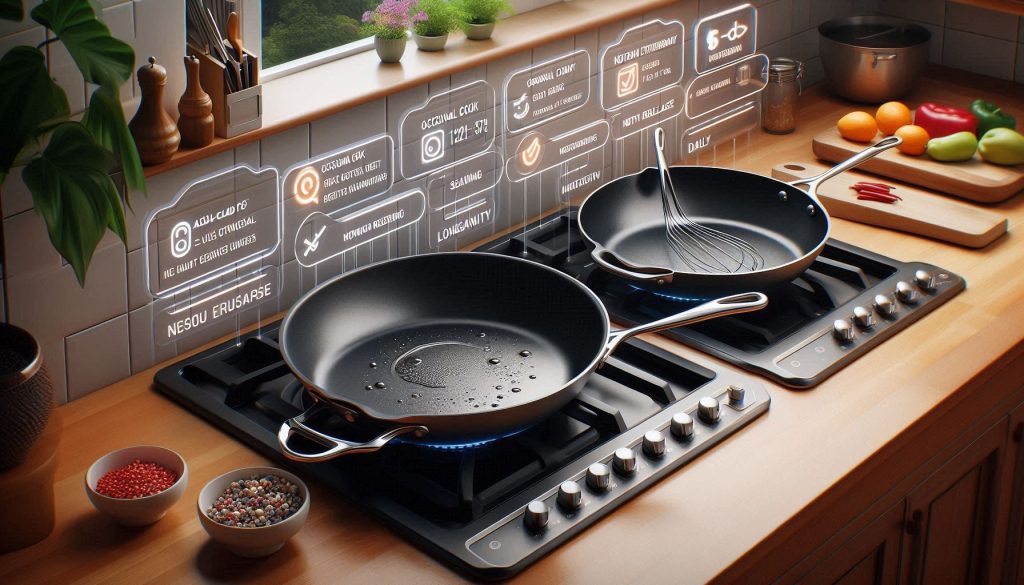 All-Clad D5 and Hestan NanoBond cookware side by side in a kitchen with floating use-case icons and decision-framework graphics.