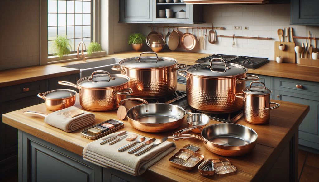 Two sets of copper cookware, one heavy-duty polished and one hammered artisan style, with visual cues for maintenance, longevity, and usability in a kitchen scene.
