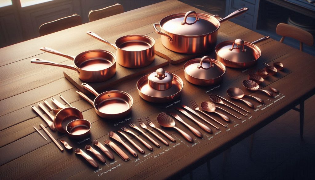 Two sets of copper cookware displaying ergonomic handles, lid fit, and finish types, with cues for balance and aesthetic quality.