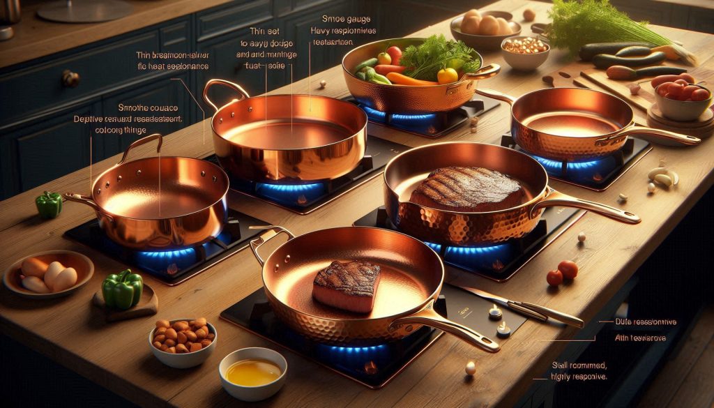 Two sets of copper cookware in a kitchen showing heat responsiveness and thermal uniformity with cooking setups like searing, sautéing, sauce reduction, and custard simmering.
