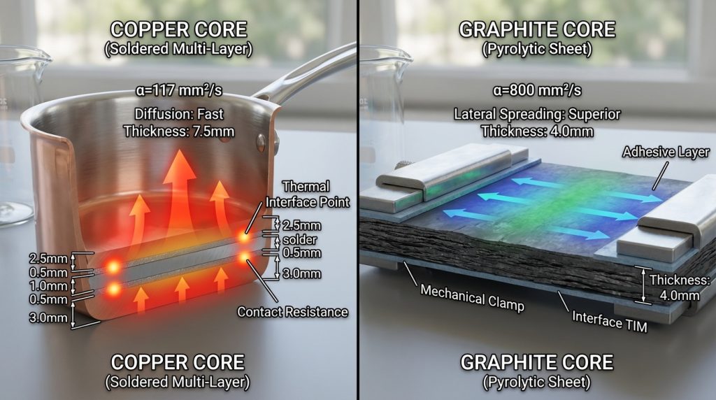 Copper pan with bonded layers heats vertically while graphite sheet spreads heat laterally; interfaces, adhesives, and layer thickness visually annotated with thermal diffusion effects.