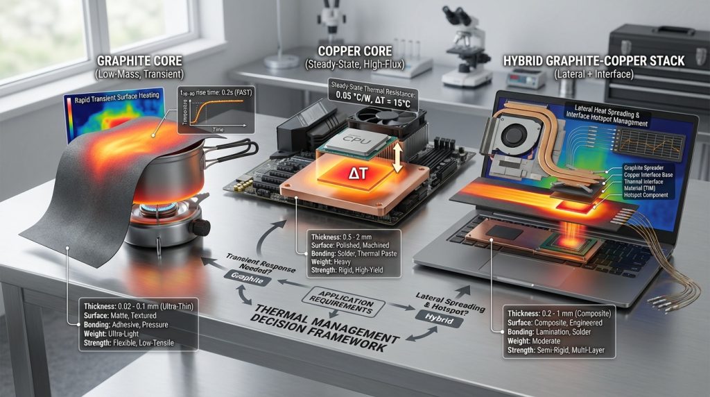 Decision framework for choosing copper, graphite, or hybrid cores, showing graphite for fast transient response, copper for steady-state heat removal, and hybrid stacks for combined performance.