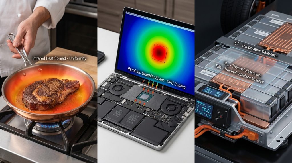 Copper-core pan searing a steak, laptop with pyrolytic graphite heat spreader, and battery module with copper–graphite hybrid cold plates, each showing thermal distribution and practical heat response.