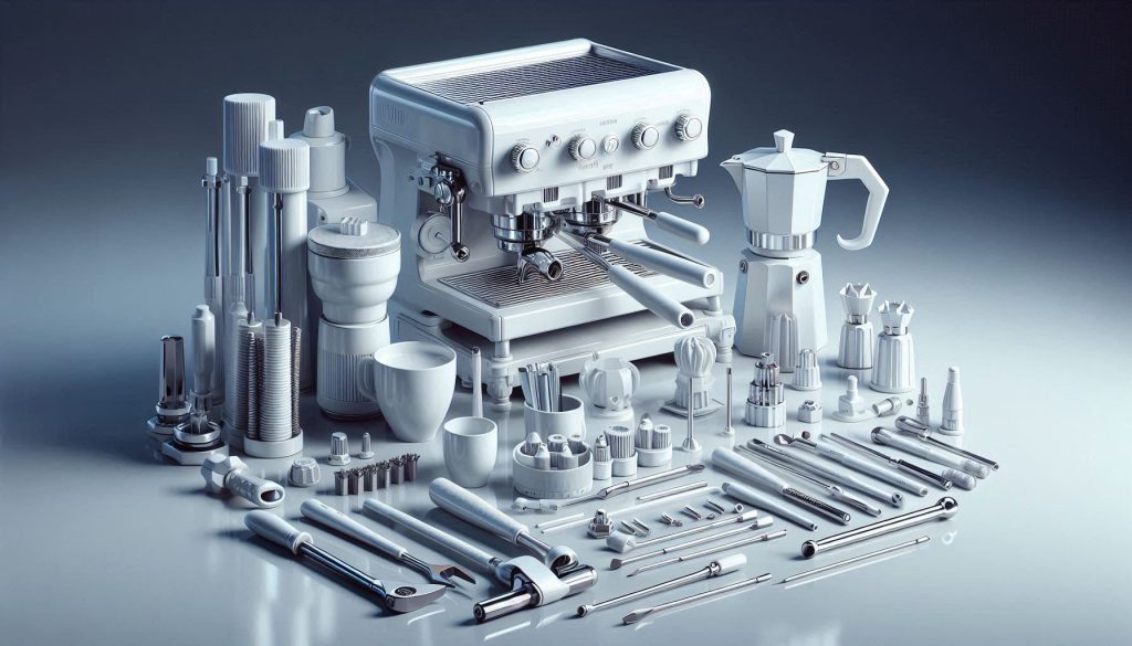 Hyper-realistic professional coffee-machine hand-tool set entirely in white, including screwdrivers, sockets, wrenches, pliers, torque drivers, mallets, and drift punches on a glossy white workbench.