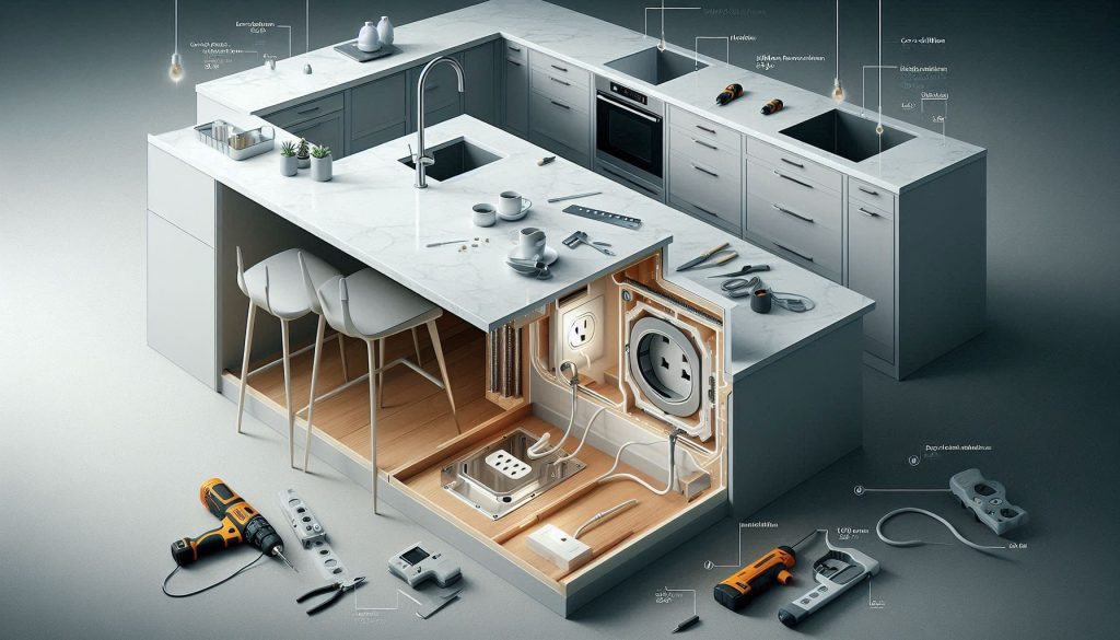Kitchen island outlet installation showing cost and retrofit differences between pop-up and hidden outlets.