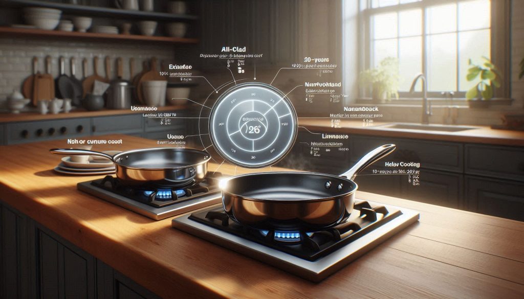 Side-by-side comparison of All-Clad D5 and Hestan NanoBond cookware with cost-per-year graphics and lifespan indicators in a modern kitchen setting.