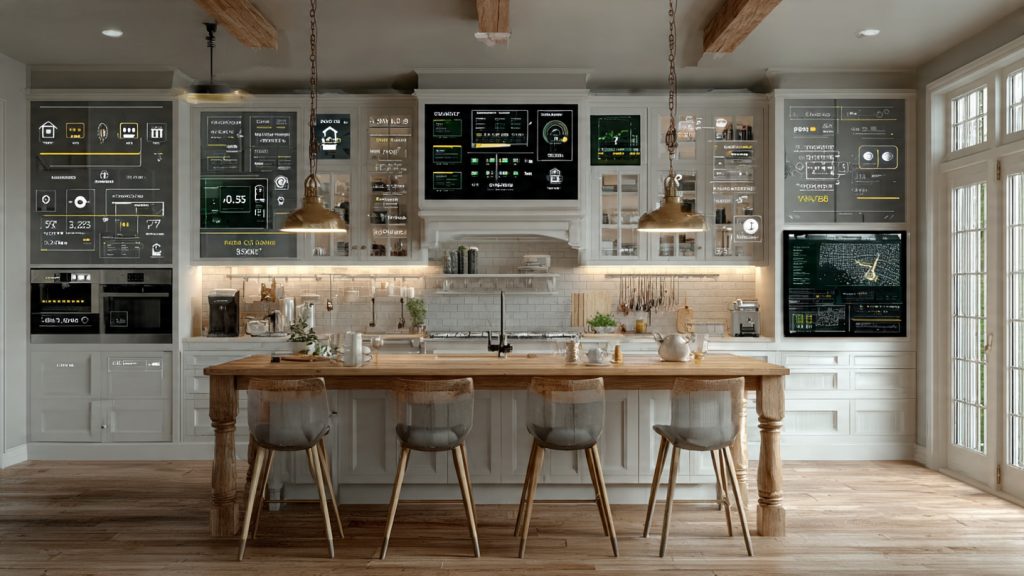 Autonomous smart home daily operations dashboard showing decisions in routines, energy, security, health, and logistics with autonomy and user control indicators