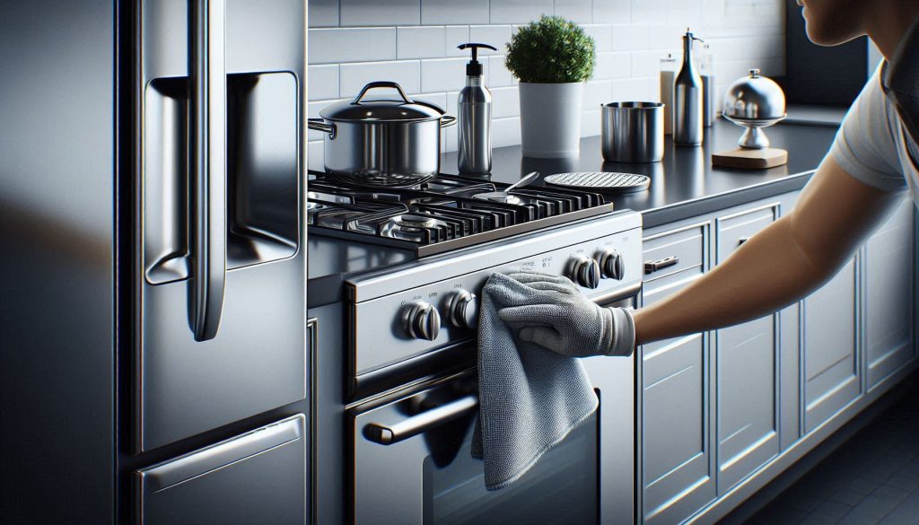 Modern kitchen demonstrating daily and weekly appliance maintenance with microfiber cloths, gentle cleaning of stainless steel surfaces, range hood, and refrigerator gaskets.
