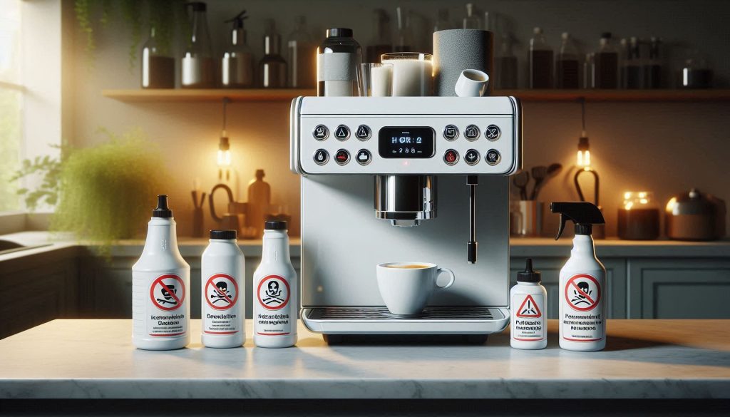 White coffee machine with hazardous cleaning chemicals and food-safe alternatives, illustrating safe maintenance practices.