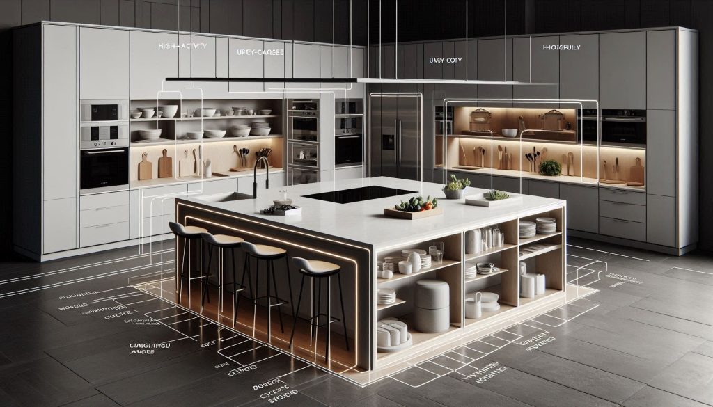 Decision framework illustration showing recommended kitchen island outlet setups by use case.