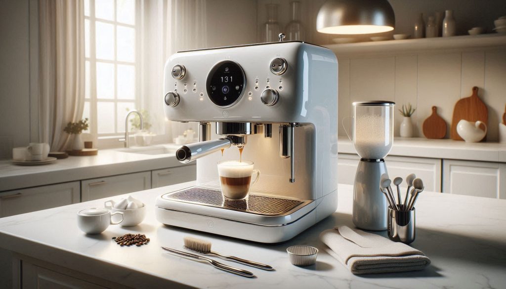 White Philips LatteGo machine with a questionnaire, scoring rubric, pencil, and sticky notes on a kitchen counter, illustrating a decision framework for model selection.