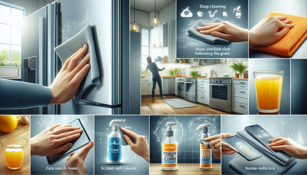 Modern kitchen showing safe deep cleaning of stainless steel and touchscreen surfaces using microfiber cloths and approved cleaners.