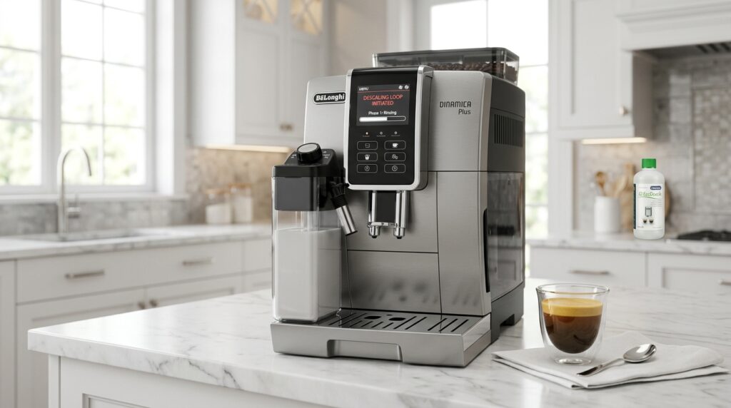 De'Longhi Dinamica Plus ECAM380.95.TB in its official titanium silver finish displaying a descale warning in a bright luxury kitchen.