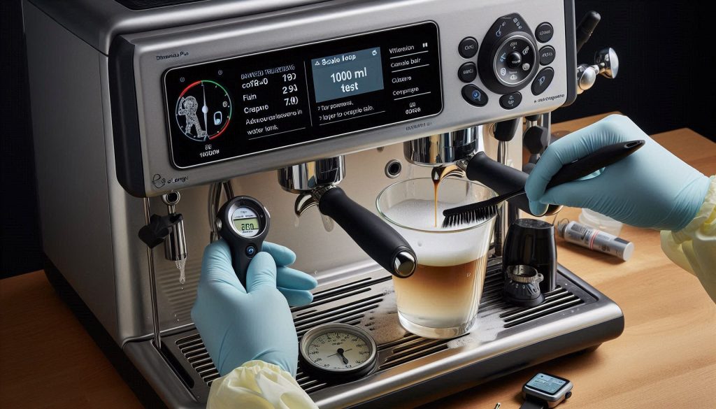 Technician performing advanced troubleshooting on a De’Longhi Dinamica Plus: tapping and tilting water tank, brushing coffee spout and steam wand, observing on-screen flow indicators, timing pour with a measuring cup.