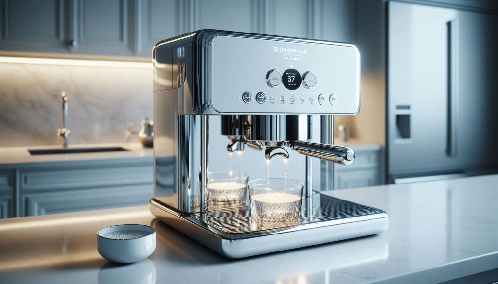 De’Longhi Dinamica Plus coffee machine being rinsed to resolve a descale loop error