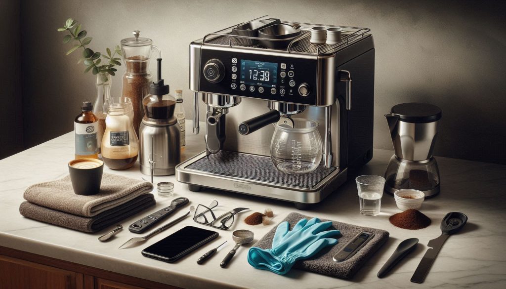 De’Longhi Dinamica Plus coffee machine powered off with drip tray, grounds container, and water tank removed; prepped tools including descaler, measuring cup, gloves, safety glasses, towels, and waste container arranged for safe maintenance.