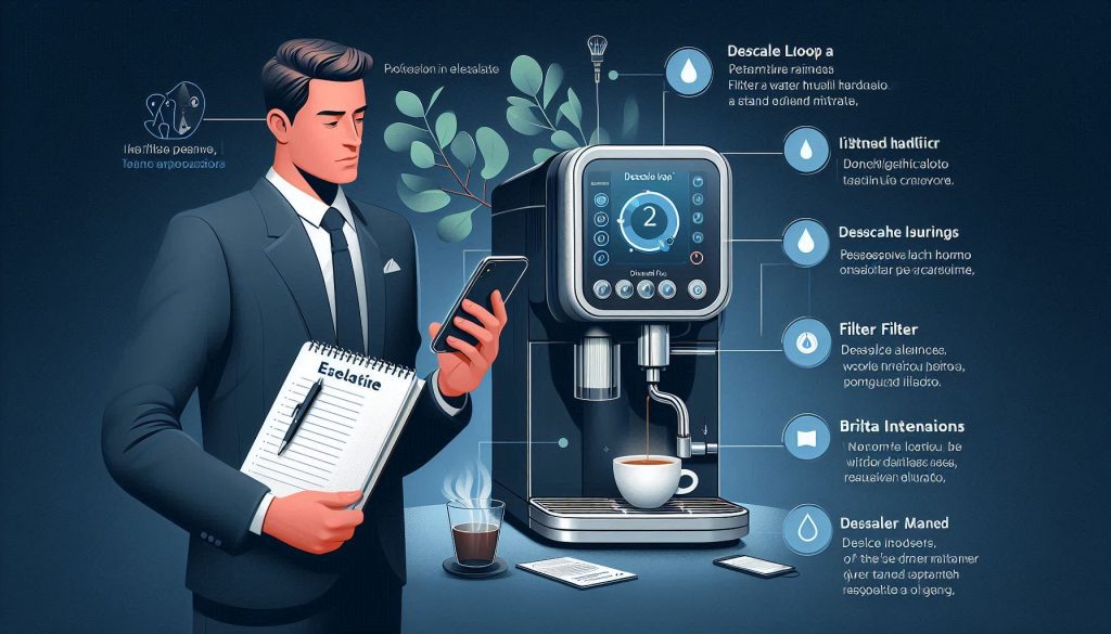Technician documenting a De’Longhi Dinamica Plus descale loop with smartphone and logbook, highlighting error codes, pump issues, leaks, and warranty info for escalation.