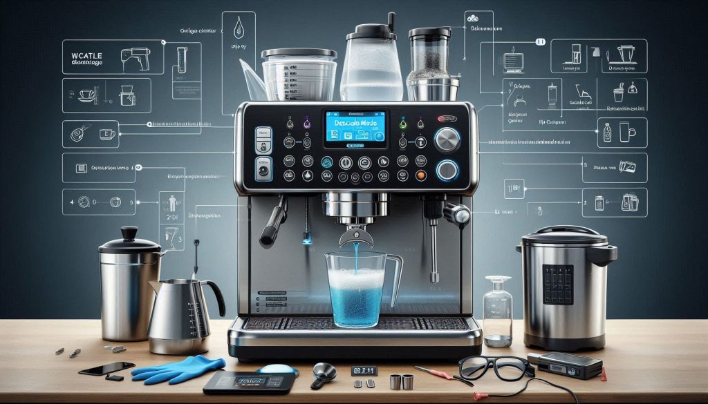 De’Longhi Dinamica Plus performing a manual descale cycle with descaling solution in tank, waste container under coffee spout and steam wand, machine display showing descale mode, and surrounding tools ready.