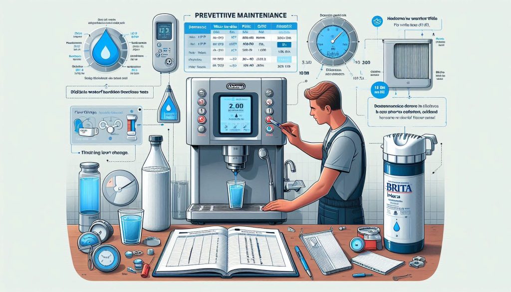 Technician setting water hardness on De’Longhi Dinamica Plus touchscreen, with test strips, filter, and maintenance log visible; infographic labels show descaling intervals and cleaning schedule.