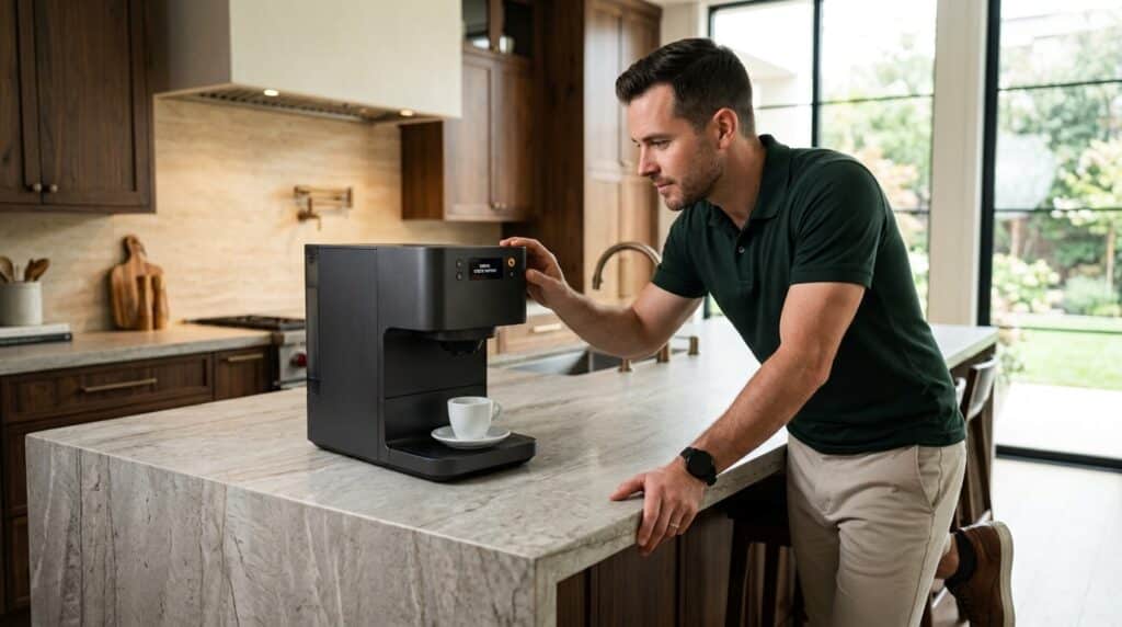 White male homeowner examining a Spinn Coffee Maker with a descale warning.
