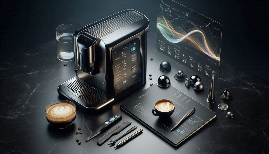 Luxury coffee machine with water hardness strip, notebook showing charts, and thermometer illustrating a data-driven descaling schedule.
