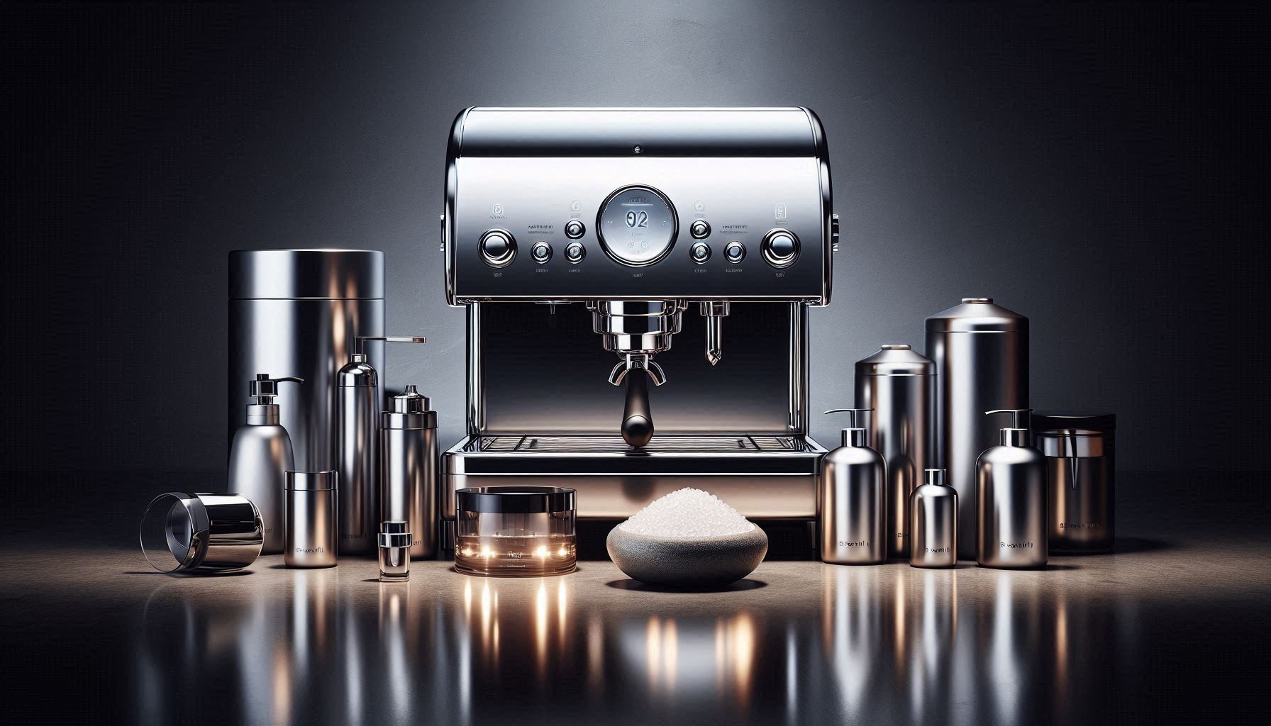 Luxury espresso machine with minimalist descaling solution containers in an elegant setting.