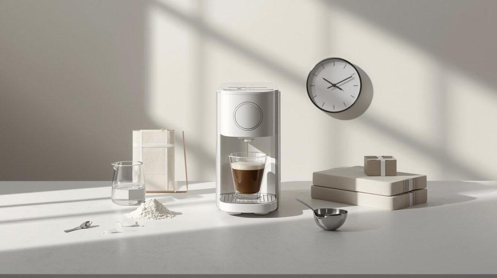 White automatic coffee machine surrounded by neutral objects representing cost, time, and environmental considerations.