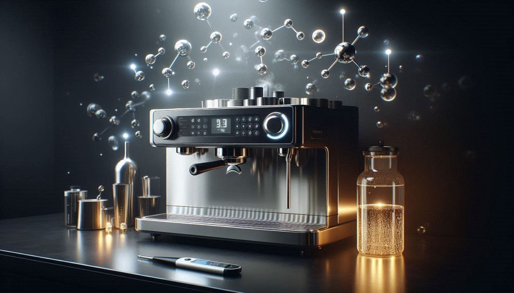 Luxury coffee machine with warm citric acid solution, thermapen, and floating molecular graphics illustrating descaling chemistry.