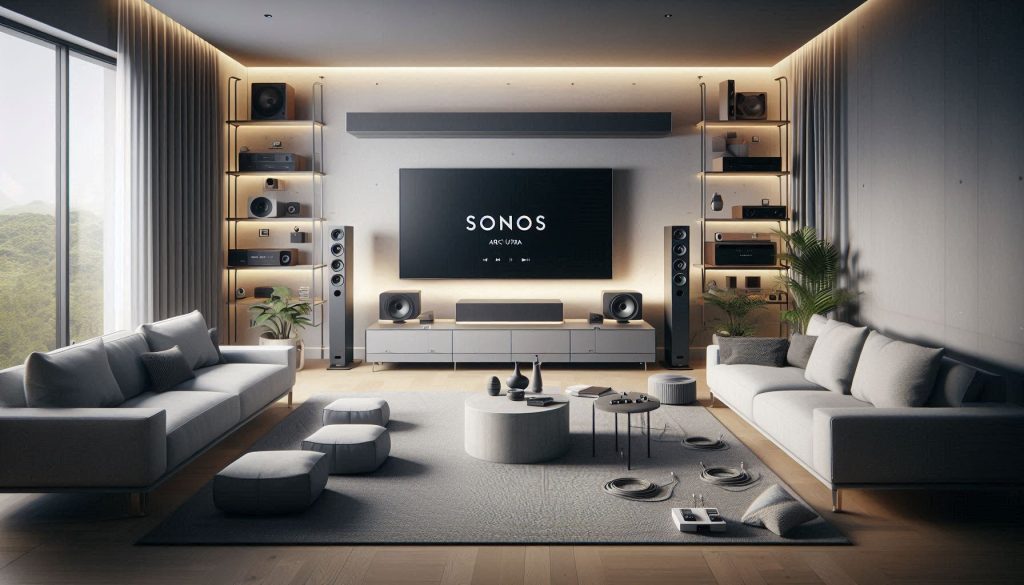 living room installation comparison of sonos arc ultra and samsung q990f showing bar placement, subwoofer and rear modules, cable routing, and connectivity features