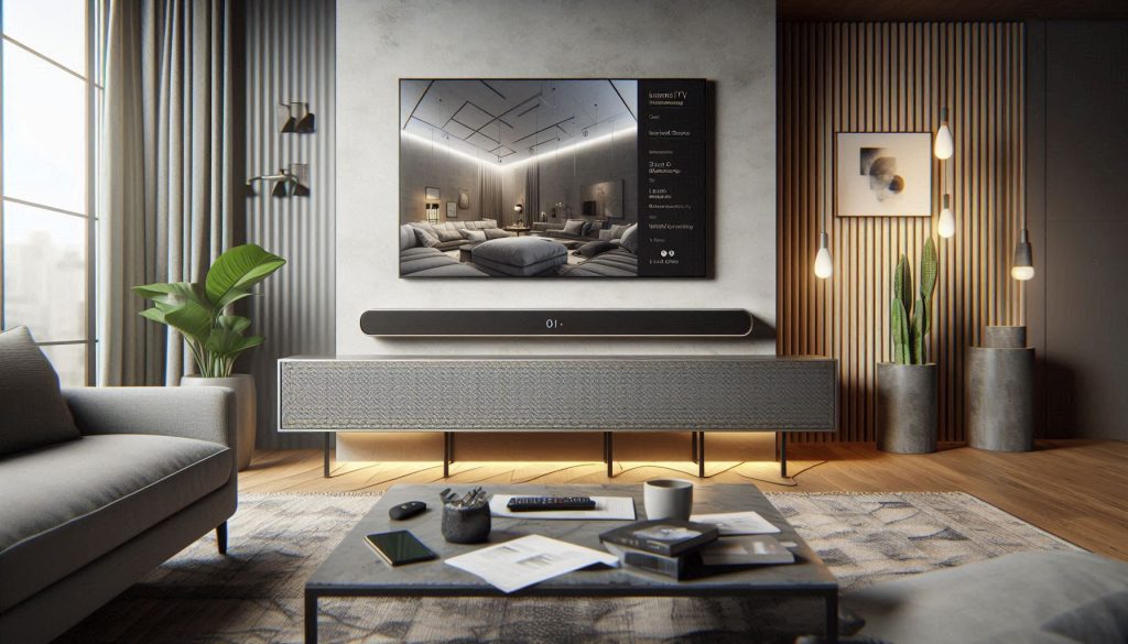 hyper-realistic soundbar in a living room highlighting build quality, placement options, and everyday user experience.