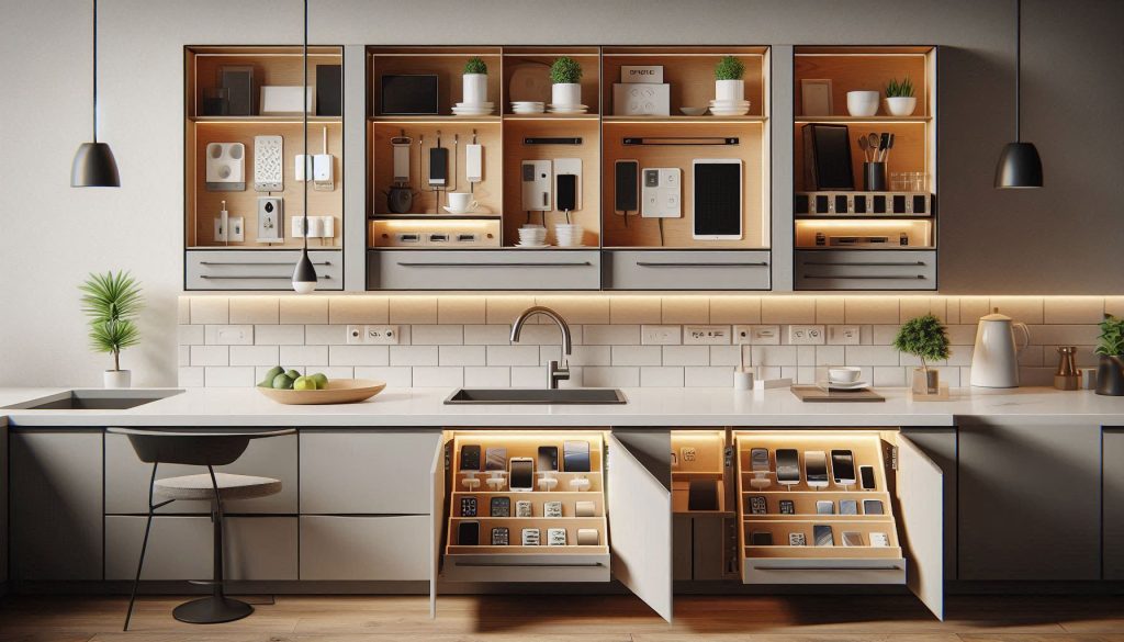 Illustration of four hidden kitchen charging station designs with labels for airflow, visibility, and device compatibility.