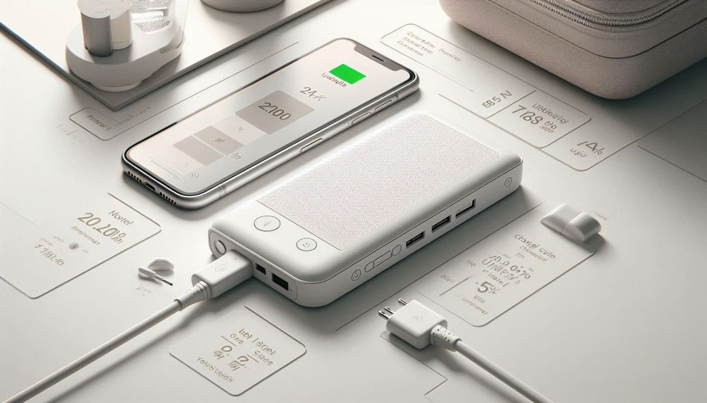 White designer power bank with visual callouts for capacity, usable energy, and charge cycles, connected to a charging smartphone.
