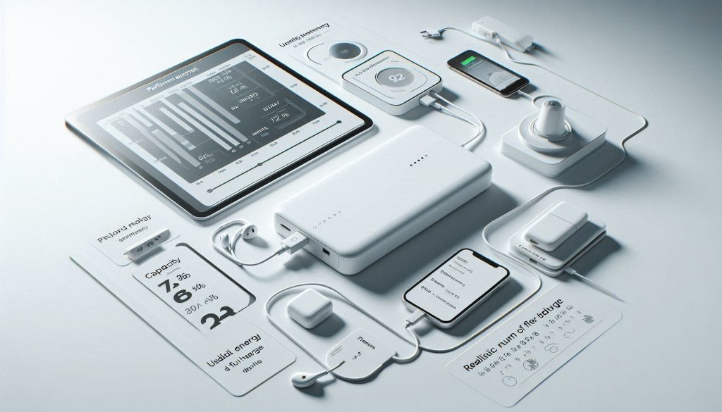 White luxury power bank charging phone, tablet, and earbuds with annotated capacity, usable energy, and expected full charges.