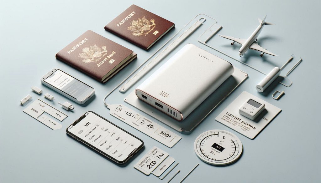 White designer power bank next to passport and carry-on bag, highlighting weight categories and airline Wh regulations.