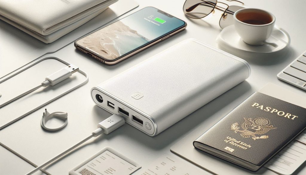 White designer portable power bank with textured finish and side-facing ports charging a smartphone, highlighting ergonomic travel-friendly design.